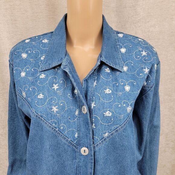 Teddi Vintage Blue Denim Chambray Jean Jacket White Floral Embroidery Western - Picture 15 of 15